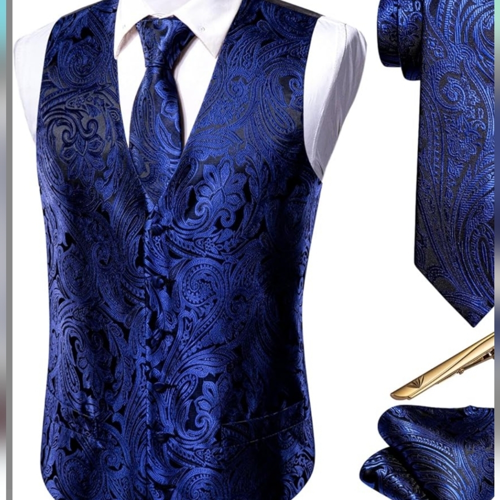 Barry.Wang Formal Men Flower  Paisley Jacquard Silk Tie Vest NWT Size L